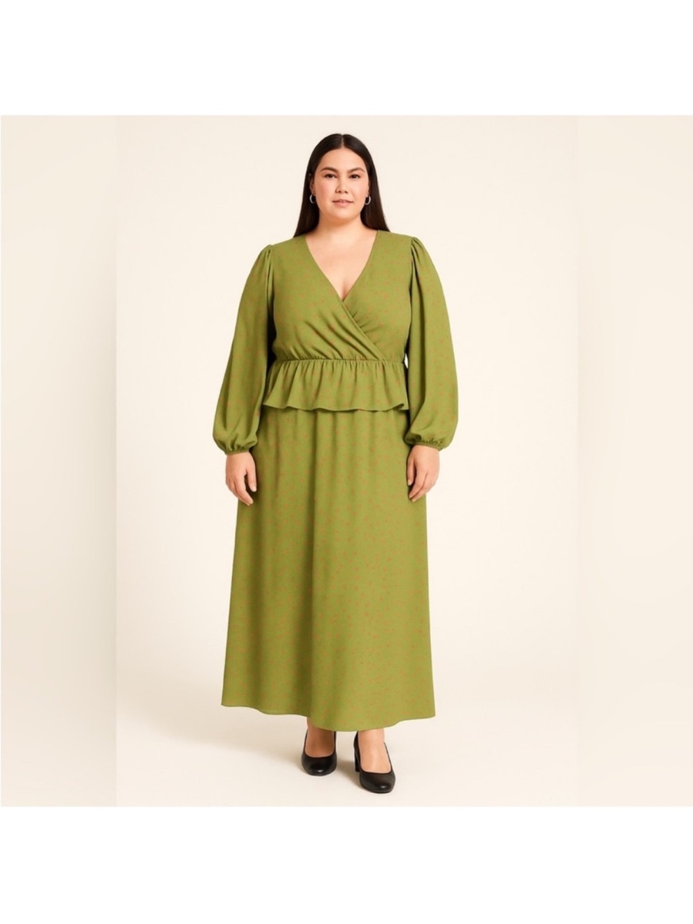 NWT Eloquii Women Puff Sleeve Ruffle Maxi Dress Size 24 Boho Green Peasant Work